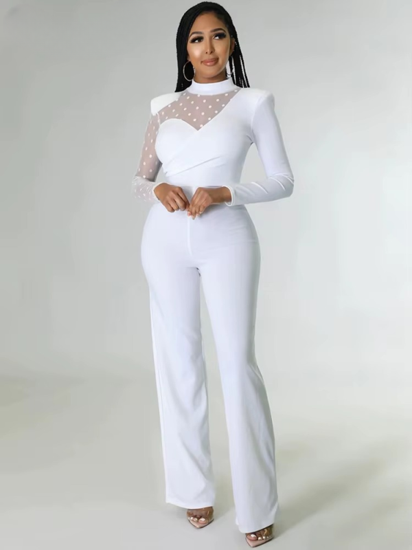 Mesh Patchwork Long Sleeve Straight Wide Legs Office Lady Jumpsuit - Image 4