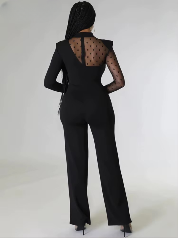 Mesh Patchwork Long Sleeve Straight Wide Legs Office Lady Jumpsuit - Image 3