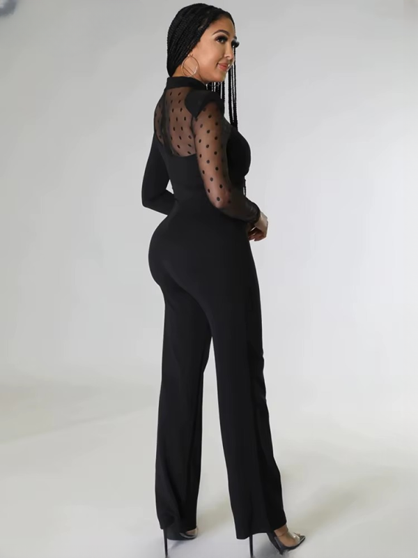 Mesh Patchwork Long Sleeve Straight Wide Legs Office Lady Jumpsuit - Image 2