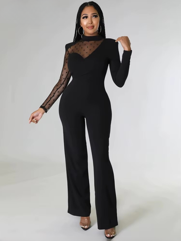 Mesh Patchwork Long Sleeve Straight Wide Legs Office Lady Jumpsuit