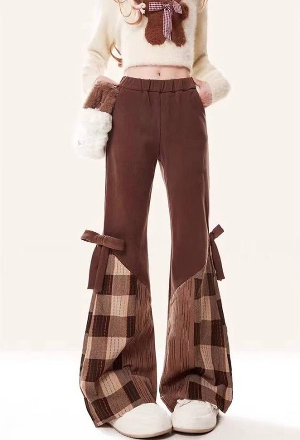 Patchwork Checkered Slim And Slightly Flared Pants Streetwear - Image 2