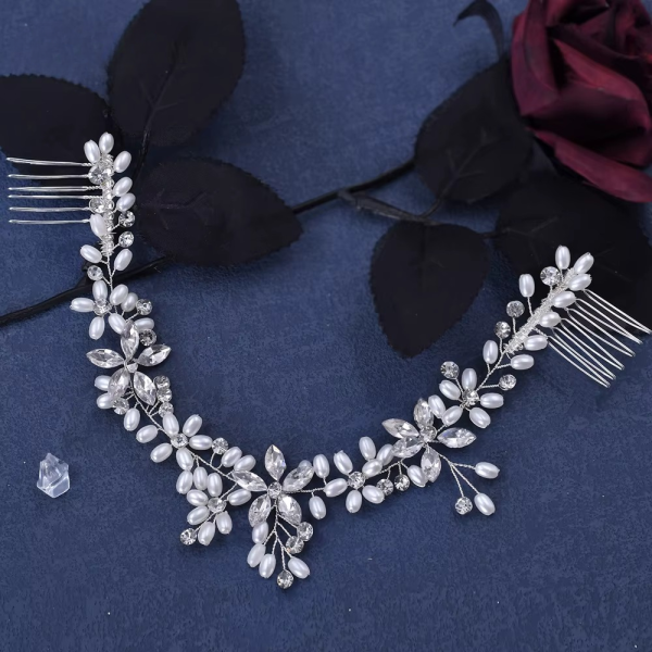 Pearl Tiara Rhinestone Bridal Wedding Headband with Combs Hair Clip - Image 4