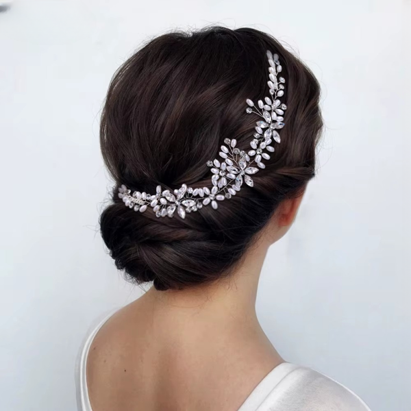 Pearl Tiara Rhinestone Bridal Wedding Headband with Combs Hair Clip - Image 2