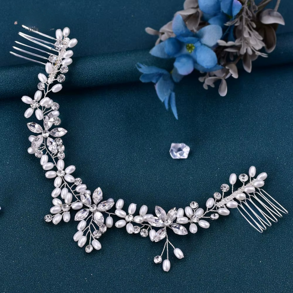 Pearl Tiara Rhinestone Bridal Wedding Headband with Combs Hair Clip - Image 5