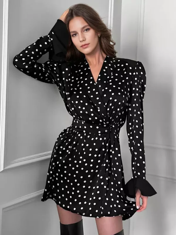 Elegant Polka Dot Wrap V-neck Bell Sleeve Vintage Mini Dress