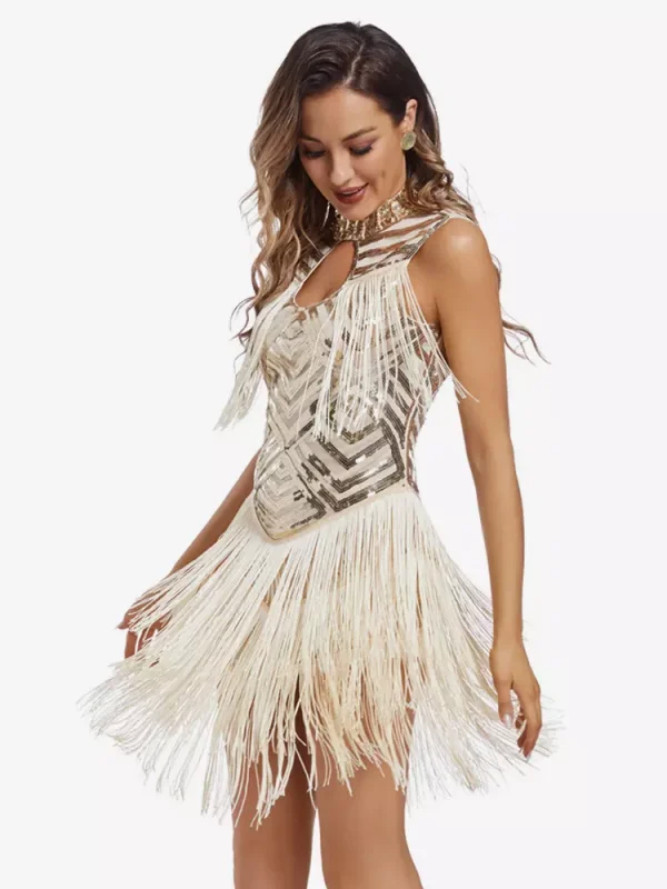 Retro Flapper With Tassels No Sleeve Half Turtleneck Sequin Party Dress - Image 3