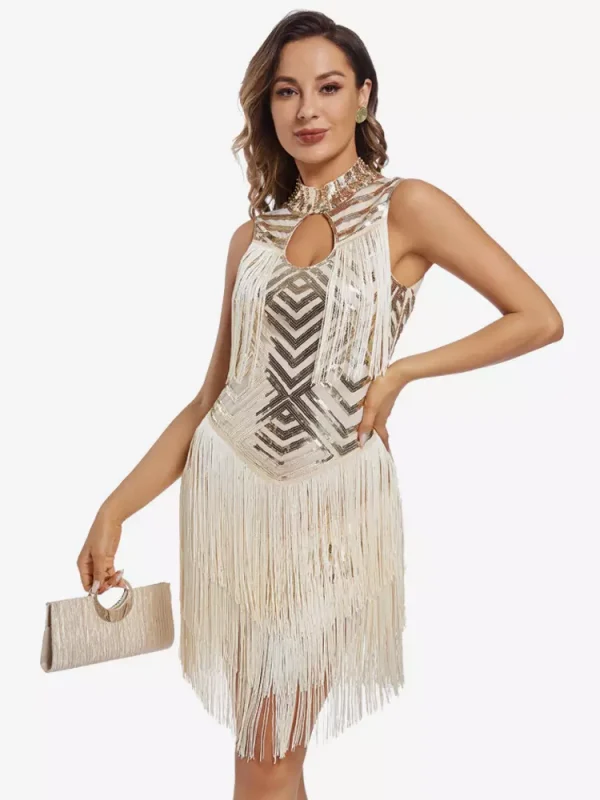 Retro Flapper With Tassels No Sleeve Half Turtleneck Sequin Party Dress - Image 2