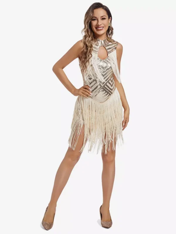 Retro Flapper With Tassels No Sleeve Half Turtleneck Sequin Party Dress - Image 4