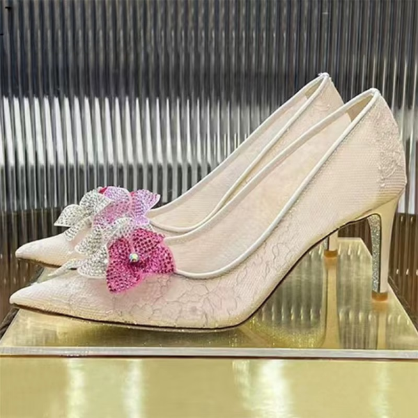 Rhinestone Flower Pointed Toe Slip-on Stiletto Mesh Hollow Outs Wedding Shoes - Image 9