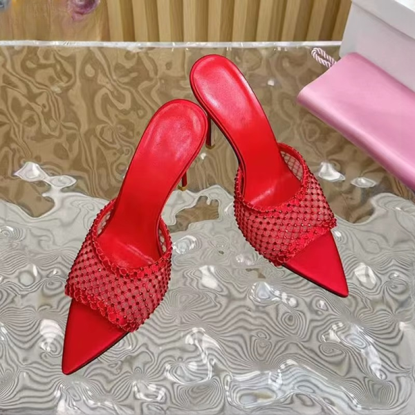 Rhinestone Mesh Hollow Outs Slides Pointed Peep Toe Stiletto Sandals - Image 2