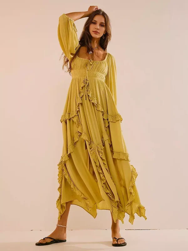 Ruffle Slit Three-quarter Sleeves Vacation Long Maxi Boho Dress