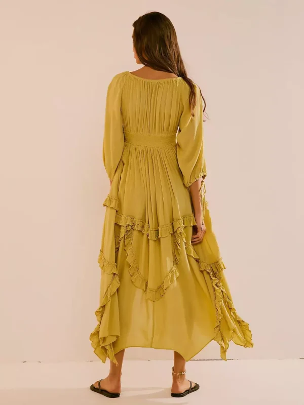 Ruffle Slit Three-quarter Sleeves Vacation Long Maxi Boho Dress - Image 2