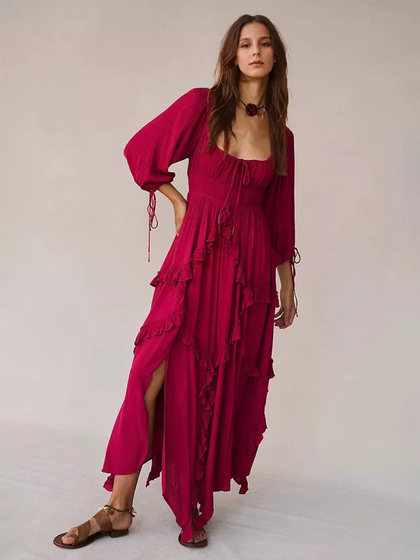 Ruffle Slit Three-quarter Sleeves Vacation Long Maxi Boho Dress - Image 3