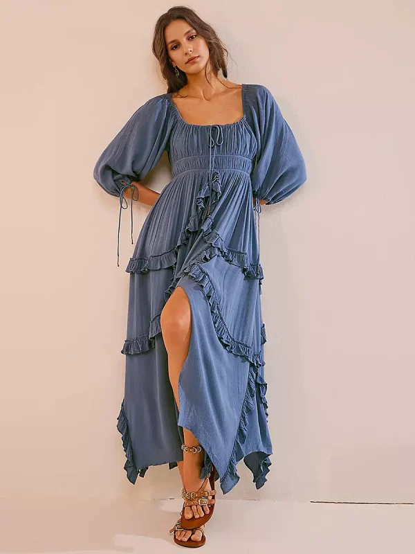 Ruffle Slit Three-quarter Sleeves Vacation Long Maxi Boho Dress - Image 6