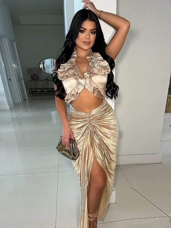 Ruffles Formal Pleated Two 2 Pieces Night Club Birthday Crop Top and High Slit Skirt Set