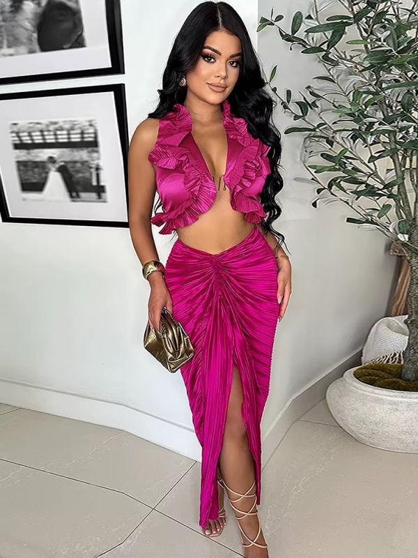 Ruffles Formal Pleated Two 2 Pieces Night Club Birthday Crop Top and High Slit Skirt Set - Image 3