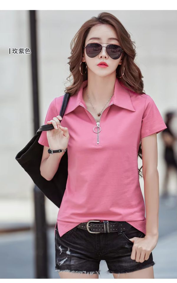 Elegant Style Zipper Neck Short Sleeve Polo Cotton  T Shirt - Image 4