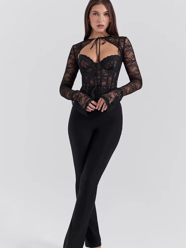 See Through Lace Pattern  Long Sleeve Print Floral Two Piece Tops