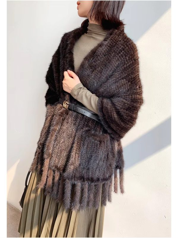 Real Mink Fur Knitted Pashmina Scarves Long Style Large Winter Scarf - Image 4