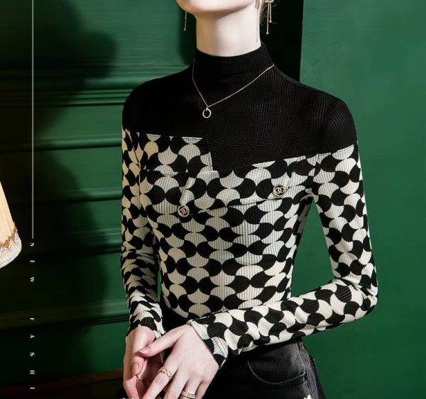 Printed Fashion Casual Half High Collar Spliced  Korean Slim Long Sleeve Printed T-shirt - Image 4