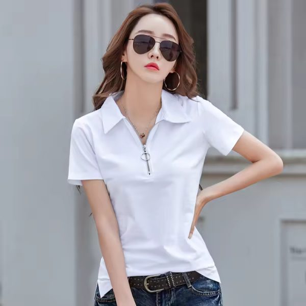 Elegant Style Zipper Neck Short Sleeve Polo Cotton  T Shirt