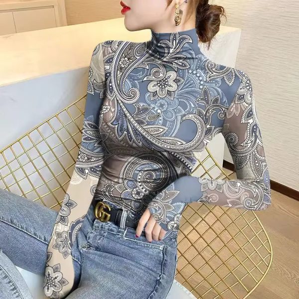 Half High Neck Thick Bottom Fashion Printed Long Sleeve Pullover T-shirt