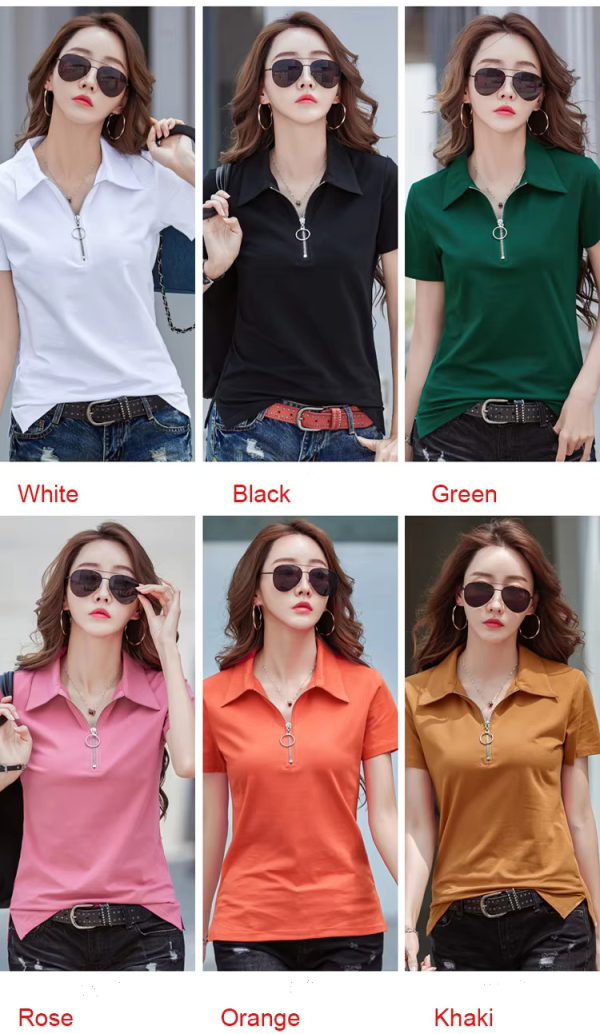 Elegant Style Zipper Neck Short Sleeve Polo Cotton  T Shirt - Image 3