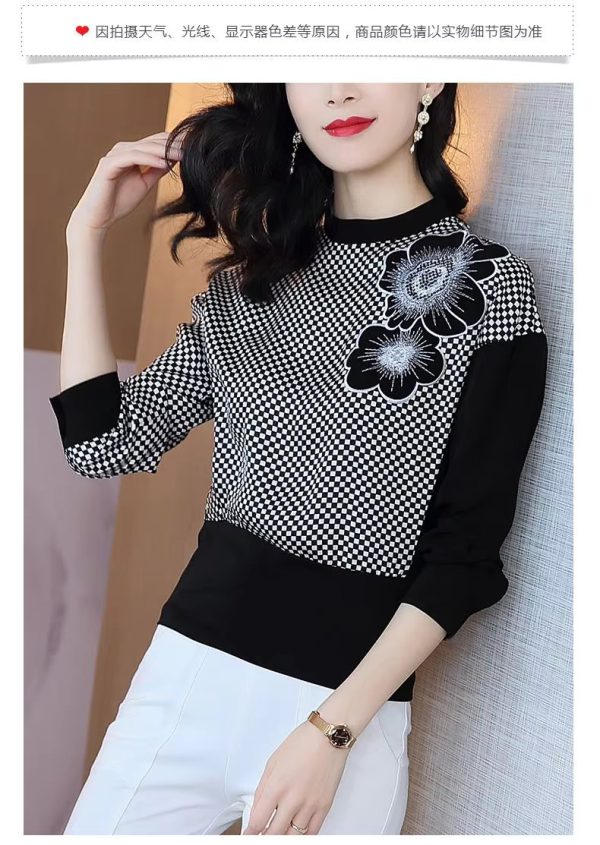 Elegant O-Neck Patchwork Embroidery Screw Thread Loose Casual Long Sleeve Top - Image 6