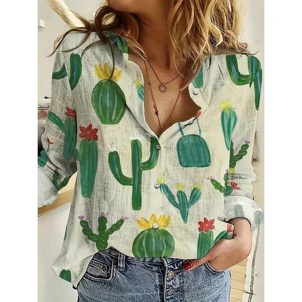 Trendy Single-Breasted  Cactus Print Casual Basic Tops