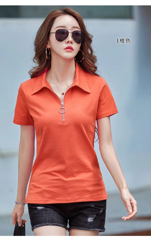 Elegant Style Zipper Neck Short Sleeve Polo Cotton  T Shirt - Image 2