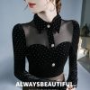 Vintage Doll Collar Polka Dot Fashion Gauze Splicing Perspective Velvet Top - Image 2
