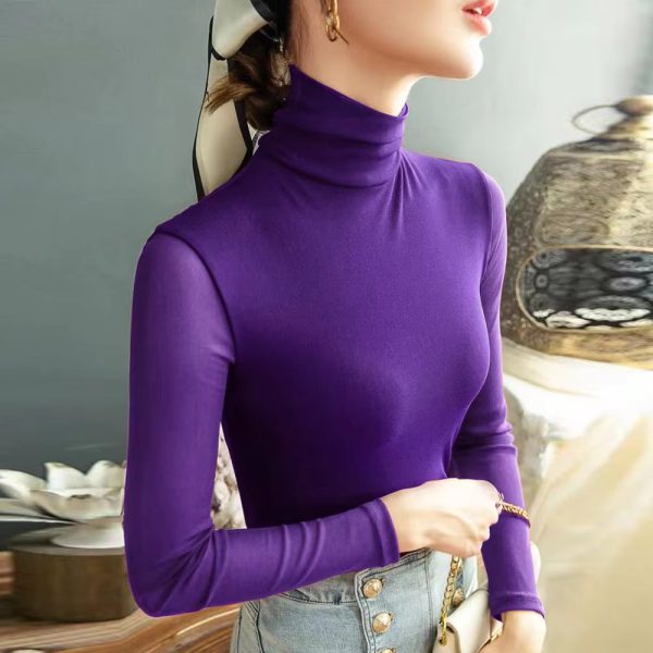 High-neck Long Sleeve Fashion Slim Stretch Bottoming Mesh T Shirt - Image 8