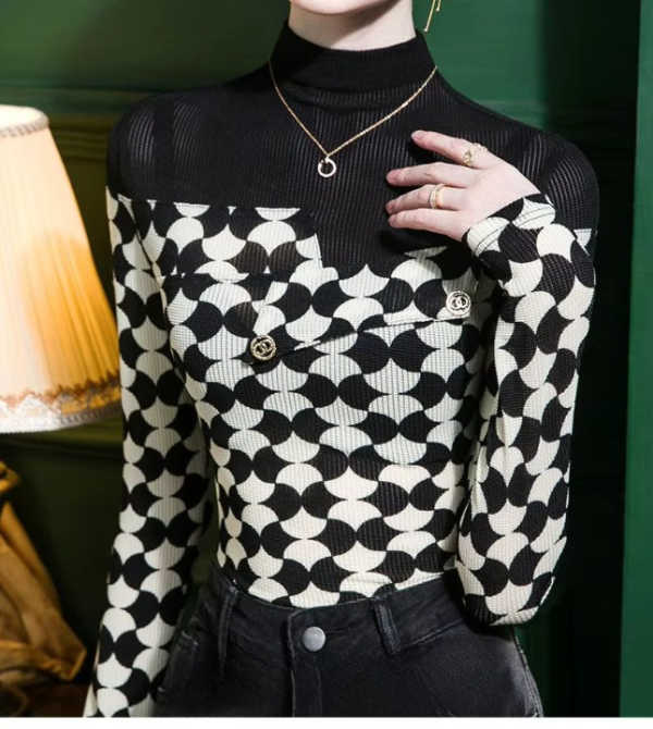 Printed Fashion Casual Half High Collar Spliced  Korean Slim Long Sleeve Printed T-shirt