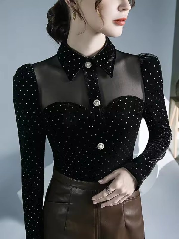 Vintage Doll Collar Polka Dot Fashion Gauze Splicing Perspective Velvet Top - Image 5