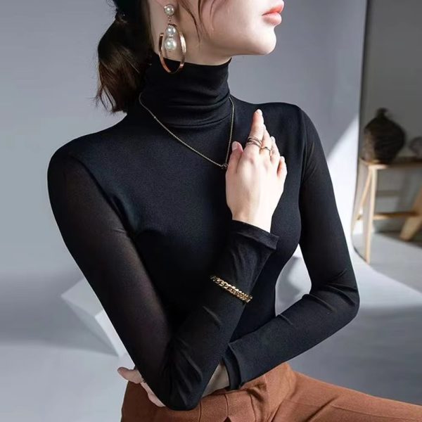 High-neck Long Sleeve Fashion Slim Stretch Bottoming Mesh T Shirt - Image 5