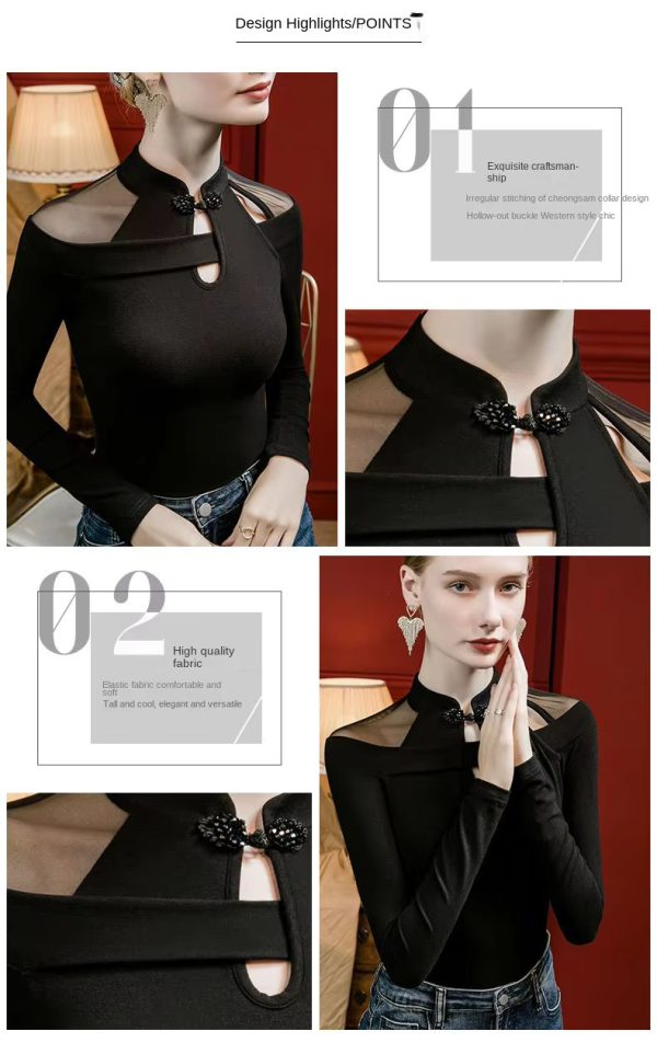 Vintage Irregular Mesh Long Sleeve Unique Qipao Base Collarbone Tops T-Shirt - Image 4