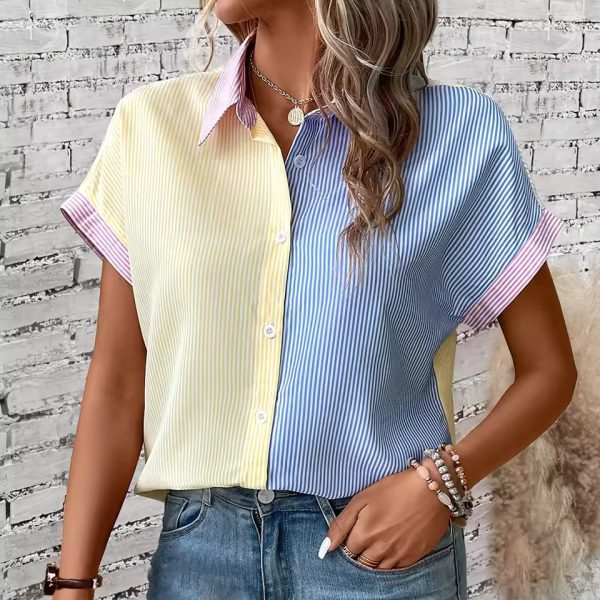 Striped Fashion  Elegant Shirt Plus Size Color Matching Shirt