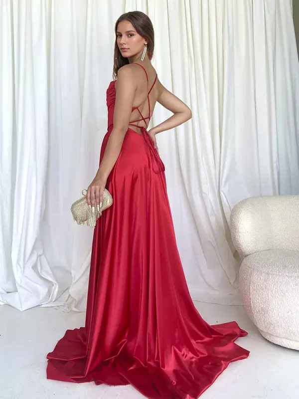 Satin Gown Lace-up Back Spaghetti Straps Formal Party Long Dress - Image 3