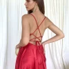 Satin Gown Lace-up Back Spaghetti Straps Formal Party Long Dress - Image 4