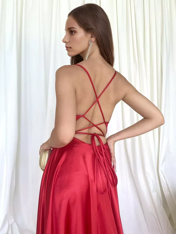 Satin Gown Lace-up Back Spaghetti Straps Formal Party Long Dress - Image 4