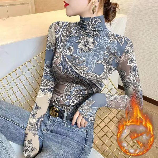 Half High Neck Thick Bottom Fashion Printed Long Sleeve Pullover T-shirt - Image 2