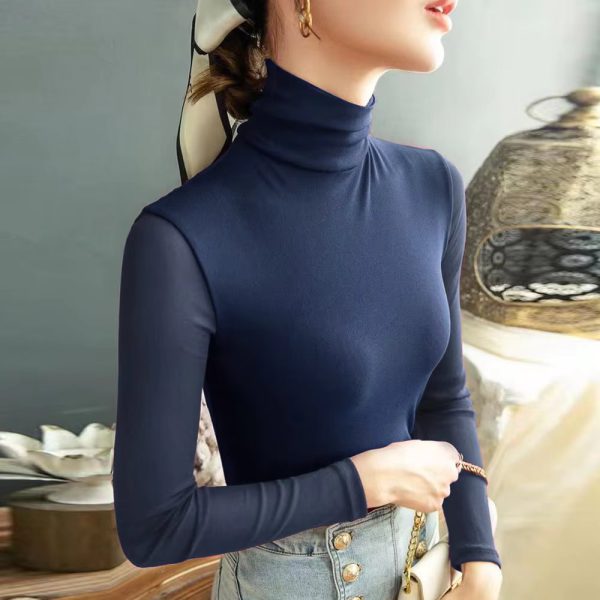 High-neck Long Sleeve Fashion Slim Stretch Bottoming Mesh T Shirt - Image 3