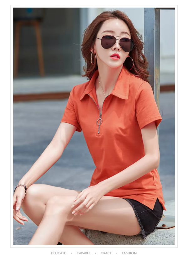 Elegant Style Zipper Neck Short Sleeve Polo Cotton  T Shirt - Image 7