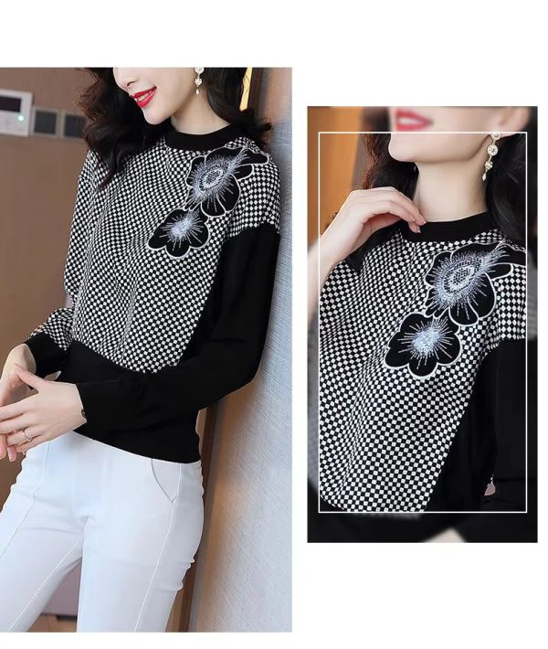 Elegant O-Neck Patchwork Embroidery Screw Thread Loose Casual Long Sleeve Top - Image 2