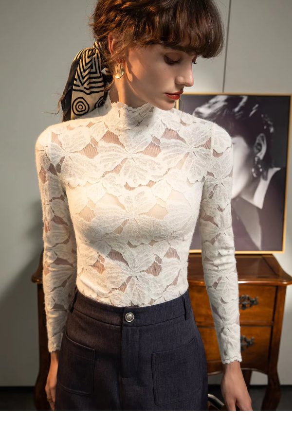 See Through Fashion Brushed Lace Shirt Long Sleeved T-shirt - Image 3