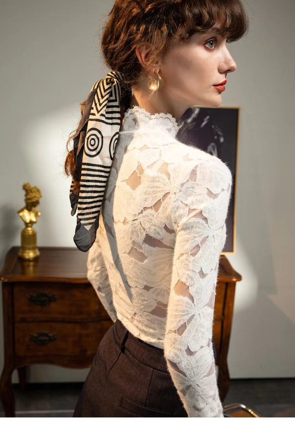 See Through Fashion Brushed Lace Shirt Long Sleeved T-shirt - Image 2