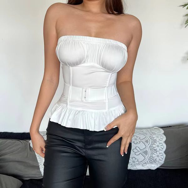 Ruched Patchwork Fashion Buckle Strapless Elastic Chest Wrapping Backless Ruffles Cleavage Tank Topst