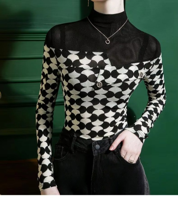 Printed Fashion Casual Half High Collar Spliced  Korean Slim Long Sleeve Printed T-shirt - Image 3