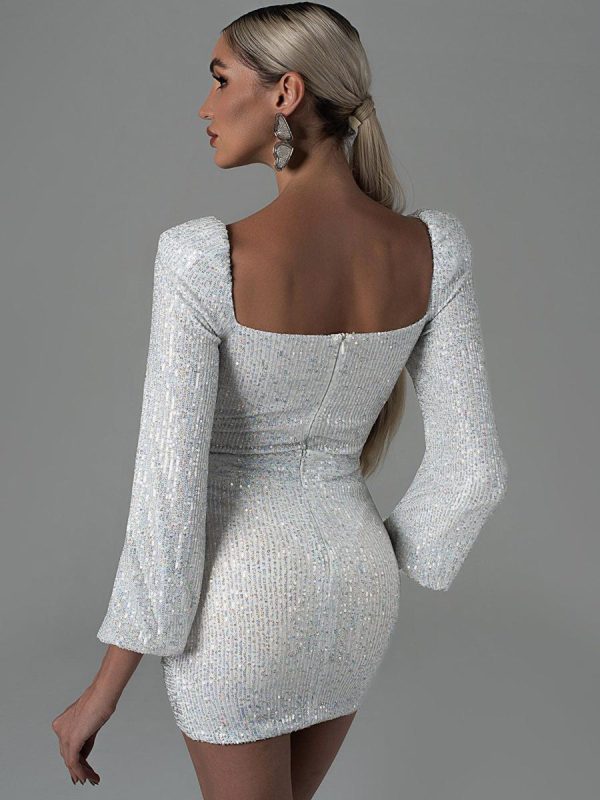 Sequins Designed Neckline Long Sleeves Glitter Bodycon Mini Dresses - Image 5