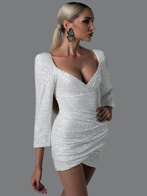 Sequins Designed Neckline Long Sleeves Glitter Bodycon Mini Dresses - Image 4